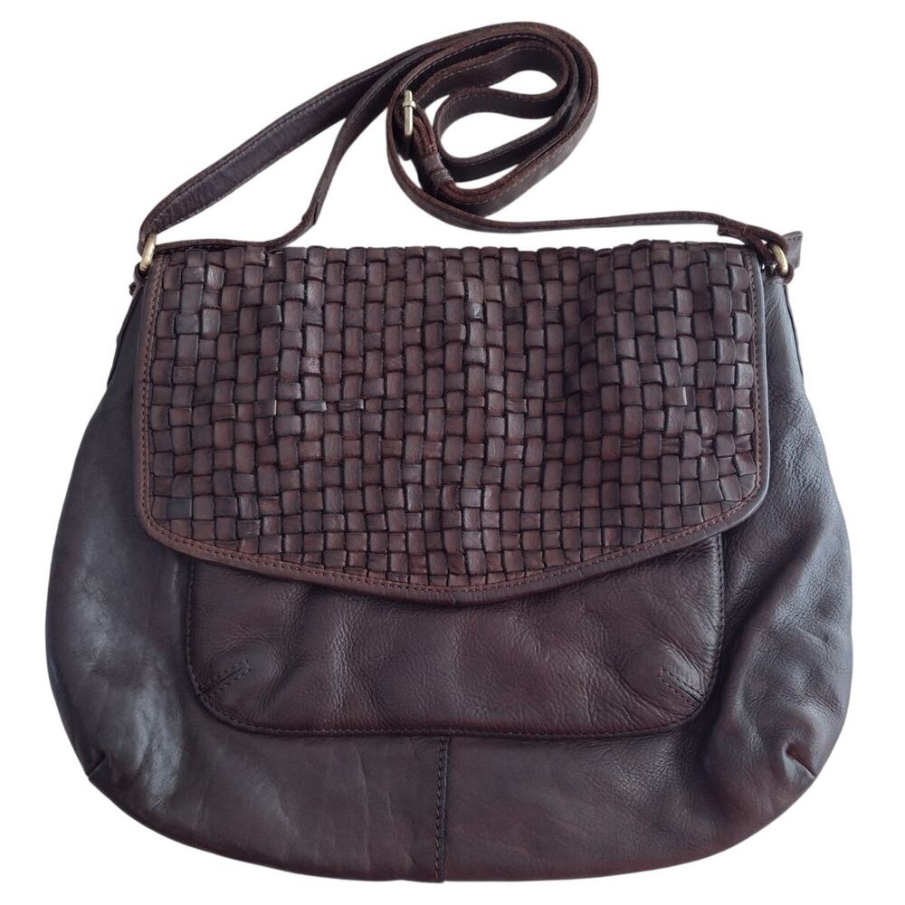 Marta Ponti Brown Leather Woven Accent Flap Closure Crossbody/Shoulder Bag